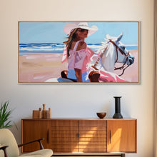 Load image into Gallery viewer, Elegant Cowgirl on Horse by the Shore, Beautiful Framed Canvas Print, Ideal for Coastal Living Room Art, Beach Bedroom Decor, Horse Wall Art
