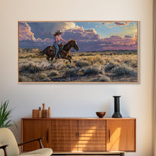 Load image into Gallery viewer, Cowgirl Galloping Across Desert Landscape, Vibrant Framed Canvas Print, Perfect for Living Room Art, Western Bedroom Decor, Desert Wall Art
