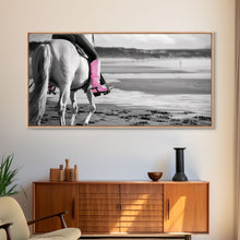 Carregar imagem no visualizador da galeria, Beach Horseback Rider with Pink Boots, Delightful Framed Canvas Print, Ideal for Living Room or Bedroom Wall Art

