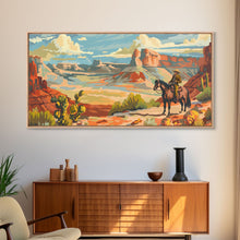 Load image into Gallery viewer, Cowboy Riding through Canyon, Framed Canvas Print for Rustic Living Room Decor, Western Art for Home and Bedroom Decoration
