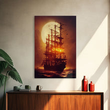 Load image into Gallery viewer, Ghost Ship and Full Moon, Spooky Pirate Ship Art, Framed Canvas Print, Ready To Hang Framed Wall Art, Living Room Wall Hanging
