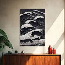 Carregar imagem no visualizador da galeria, Black and White Tidal Waves, Japanese Style Art, Framed Canvas Print, Ready To Hang Framed Wall Art, Living Room Wall Decor
