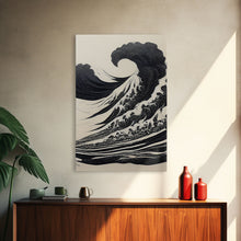 Carregar imagem no visualizador da galeria, Black and White Tsunami Waves, Japanese Style Art, Framed Canvas Print, Ready To Hang Framed Wall Art, Living Room Wall Decor
