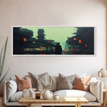 Load image into Gallery viewer, 80s style Cyberpunk Japanese City, Retro Punk Tokyo, Framed Canvas Print, Framed Wall Art, Large Panoramic Wall Decor

