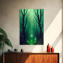 Load image into Gallery viewer, Emerald green city streets under a full moon, cool spooky art, framed canvas print
