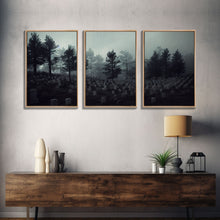 Load image into Gallery viewer, Spooky haunted graveyard at night, art for witches, 3 piece canvas, 3 piece wall art, cemetery art
