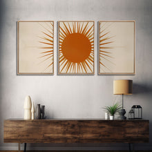 Load image into Gallery viewer, 3 Piece Framed Canvas Wall Art Sun With Rays, Mid Century Modern, Art Deco, Retro Wall Art, Shabby Chic Boho Wall Art for Bedroom
