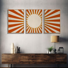 Carregar imagem no visualizador da galeria, Boho Horizontal Sun Print, 3 Piece Art, Triptych Wall Art, Framed Canvas Prints, Yellow Sun Poster, Sunrise Wall Art, Boho Nursery Prints
