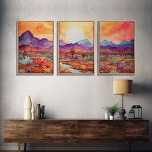 Carregar imagem no visualizador da galeria, Black Framed 3 Piece Wall Art, Southwestern Desert Scene at Sunset, Minimalist Wall Art, MCM Style Midcentury Wall Decor, Above Sofa Art
