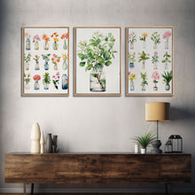 Load image into Gallery viewer, 3 Piece Set, Cute Kawaii Floral Print, Flowers In Vases, Framed Wall Art, Canvas Print, Botanical Wall Decor, Dried Flower Large Art

