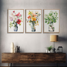 Load image into Gallery viewer, 3 Piece Set, Cute Kawaii Floral Print, Flowers In Vases, Framed Wall Art, Canvas Print, Botanical Wall Decor, Boho Kitchen Art, French Art
