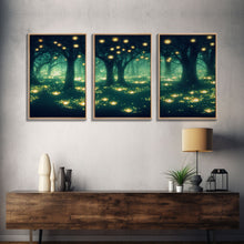 Carregar imagem no visualizador da galeria, Fantasy forest wall decor, ready to hang 3 piece canvas print, 3 piece wall art, firefly wall art, Fireflies In A Fairy Forest at Night
