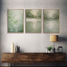 Load image into Gallery viewer, Framed Canvas Wall Art Set of 3 Green Abstract Landscape Print Modern Art Minimalist Decor, Boho Wall Art, Country Decor, Mint Green Art
