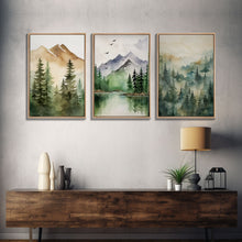 Cargar imagen en el visor de la galería, Triptych Framed Canvas Wall Art Set of 3 Green Forest Mountain Nature Landscape Prints Minimalist Modern Art, Woodland Nursery Decor
