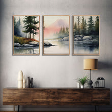 Load image into Gallery viewer, Framed Canvas Wall Art Set of 3 Pastel Mountain Range Lake Nature Landscape Prints Minimalist Modern Art Woodland Nursery Decor Office Art
