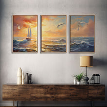 Carregar imagem no visualizador da galeria, Beautiful Ocean At Sunset 3 Piece Canvas Print Wall Art, Above Sofa, Abstract Art, Modern Art, Minimalism Lakehouse Decor
