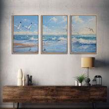 Carregar imagem no visualizador da galeria, Beautiful Seagulls Over An Ocean Beach At Sunset 3 Piece Canvas Print Wall Art, Above Sofa Art, Modern Art, Minimalism Lakehouse Decor
