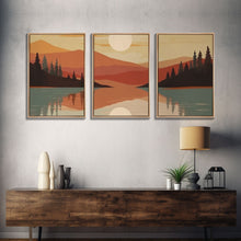 Carregar imagem no visualizador da galeria, Framed Canvas Wall Art Set of 3 Sunset Forest Landscape Abstract Illustrations Prints Modern Art Minimalist Boho Wall Decor, 3 Piece Art
