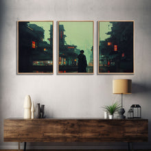 Load image into Gallery viewer, 80s Style Cyberpunk Tokyo, Retrofuturism, Dystopian art, 3 piece wall art, 3 piece canvas print
