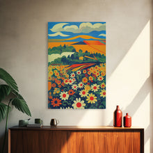 Load image into Gallery viewer, Surrealist field of daisy flowers, daisies, psychedelic art, Framed Canvas Print, Ready To Hang Framed Wall Art
