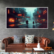 Load image into Gallery viewer, Cyberpunk City, Bladerunner Vibes Dystopian Cityscape, Wall Decor, Ready To Hang Framed Canvas Print, Oversize Wall Art
