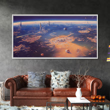 Cargar imagen en el visor de la galería, Bird&#39;s eye view of a futuristic city-planet, cool scifi art, framed canvas print, ready to hang framed wall art
