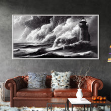 Load image into Gallery viewer, Lighthouse in a storm, black and white, tsunami waves, framed canvas print, ready to hang framed wall art
