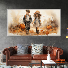 Load image into Gallery viewer, Boy And Girl Holding Hands, Fall Wall Decor, Canvas Print, Wall Hanging, Panoramic Art, Kids Wall Art, Nursery Wall Art, Gifts For Grandma
