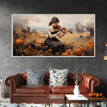 Load image into Gallery viewer, Girl Violinist, Fall Wall Decor, Pumpkin Decor, Canvas Print, Wall Hanging, Panoramic Art, Country Home Decor, Violin Wall Art, Gift For Her
