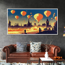 Load image into Gallery viewer, Flight of the balloons, hot air balloon armada, framed canvas print, ready to hang framed wall art
