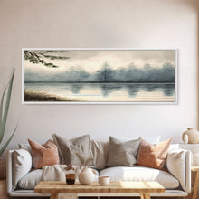 Load image into Gallery viewer, Panoramic Framed Canvas Print of Misty Fog Covered Lake and Pine Tree Forest, Perfect for Living Room, Bedroom, Fog Covered Lake
