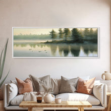 Load image into Gallery viewer, framed lake landscape art, panoramic, framed wall art,  living room wall decor, framed canvas, minimalist landscape, abstract landscape art
