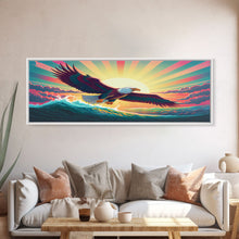 Carregar imagem no visualizador da galeria, American Bald Eagle, Panoramic Wall Art, Framed Canvas, Retro Style Eagle Painting, Synthwave Ocean Sunset Art

