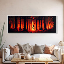 Load image into Gallery viewer, Forest Landscape Art, Forest Fire, Fall / Autumn Decor, Panoramic Wall Art, Framed Canvas Print, Orange and Yellow Fantasy Forest
