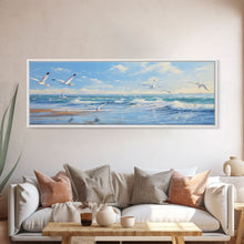 Load image into Gallery viewer, Blue Beach, Ocean Waves &amp; Seagulls Panoramic Framed Canvas Print - Perfect for Living Room, Bedroom, Office Decor
