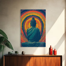 Cargar imagen en el visor de la galería, Colorful rainbow Buddha facing a ring of flowers, framed canvas print, yoga studio art
