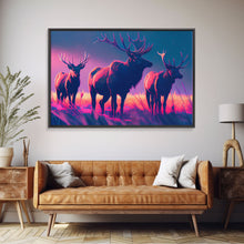 Load image into Gallery viewer, Vaporwave landscape, Elk in the plains at sunset, framed canvas art, canvas print, framed wall art
