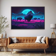 Load image into Gallery viewer, American Buffalo, Retrowave art, herd of Bison and a full moon, framed canvas print
