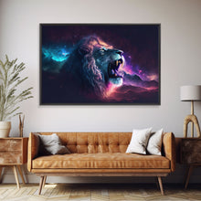 Cargar imagen en el visor de la galería, Cosmic Roar, lion roaring at the stars, synthwave galaxy and lion art, framed canvas print, unique framed wall art
