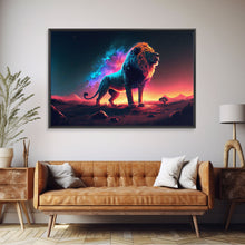 Load image into Gallery viewer, Cosmic roar watercolor, Lion staring at the stars over Africa, framed canvas print, unique vibrant wall art
