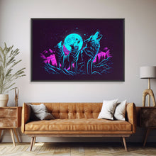Load image into Gallery viewer, Howl at the moon - turquoise wolf pack howling at the moon, framed canvas print, vaporwave art
