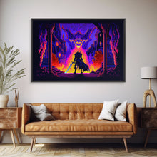 Load image into Gallery viewer, 8 bit Pixel art, RPG video game concept art, Paladin faces the Dragon, synthwave style, framed canvas print
