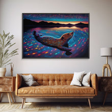 Carregar imagem no visualizador da galeria, Cute beaver swimming at midnight, vaporwave aesthetic animal print art, starry night beaver, framed canvas print
