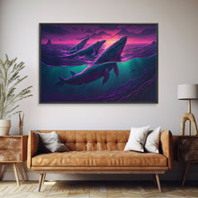 Load image into Gallery viewer, 3 Blue Whales Breaching at Sunset, vaporwave synthwave ocean art, framed canvas print
