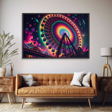 Cargar imagen en el visor de la galería, Colorful boardwalk art, neon lit night time ferris wheel, framed canvas print, framed wall art
