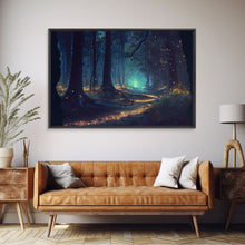 Load image into Gallery viewer, The magical enchanted forest is lit brightly with fireflies at night, framed canvas print, fantasy art

