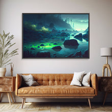 Cargar imagen en el visor de la galería, Bioluminescent glowing river, cool nature watercolor art, framed canvas print
