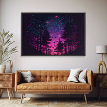 Load image into Gallery viewer, Synthwave Starry Night Time Lapse in a pine tree forest, framed canvas print, timelapse art
