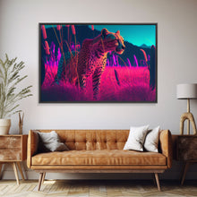 Load image into Gallery viewer, Cheetah on the hunt, vaporwave art, sunset hunter, framed canvas print, framed wall art
