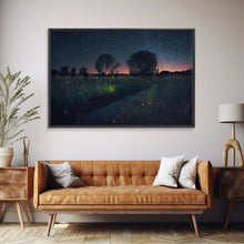 Cargar imagen en el visor de la galería, Fireflies light up the Oklahoma Prairie under a Starry night sky, framed canvas print
